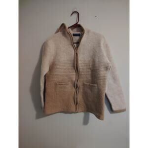 Karen Scott Jacket Cardigan XL Tan Pure Wool Full Zipper Designer Hood
